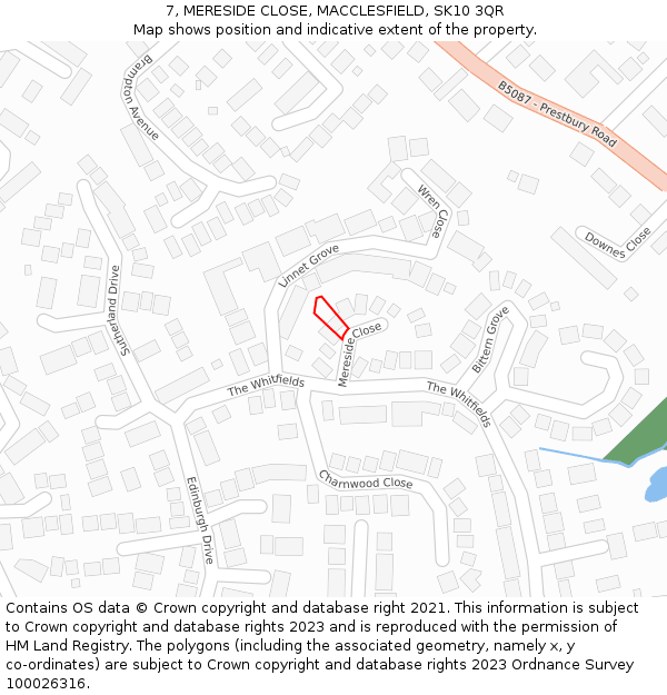 7, MERESIDE CLOSE, MACCLESFIELD, SK10 3QR: Location map and indicative extent of plot