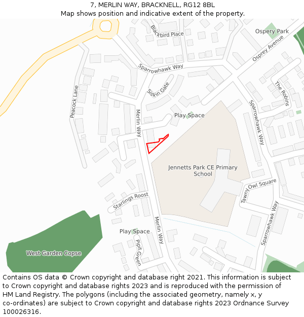 7, MERLIN WAY, BRACKNELL, RG12 8BL: Location map and indicative extent of plot