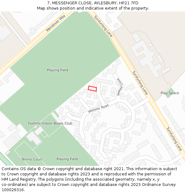 7, MESSENGER CLOSE, AYLESBURY, HP21 7FD: Location map and indicative extent of plot