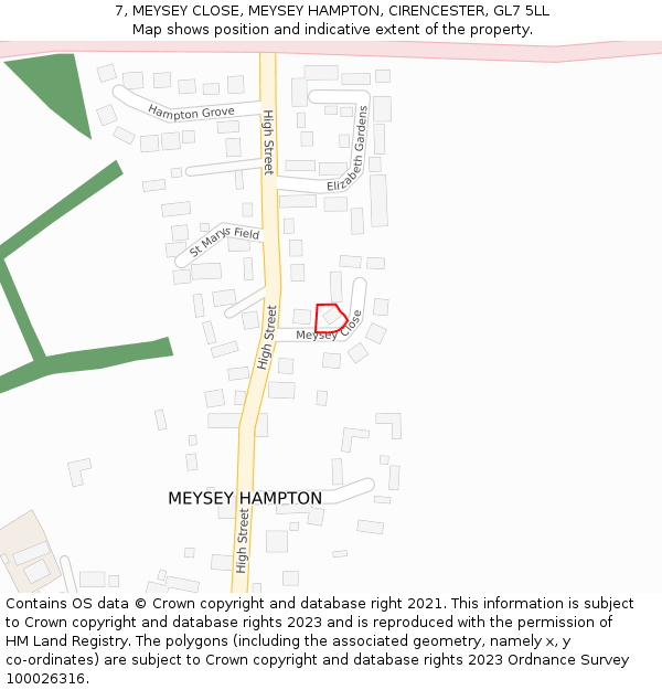 7, MEYSEY CLOSE, MEYSEY HAMPTON, CIRENCESTER, GL7 5LL: Location map and indicative extent of plot
