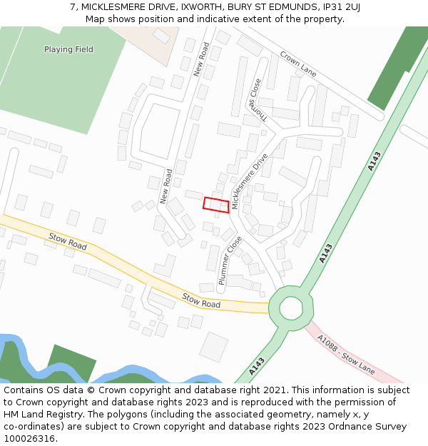 7, MICKLESMERE DRIVE, IXWORTH, BURY ST EDMUNDS, IP31 2UJ: Location map and indicative extent of plot