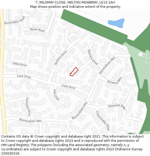 7, MILDMAY CLOSE, MELTON MOWBRAY, LE13 1AH: Location map and indicative extent of plot