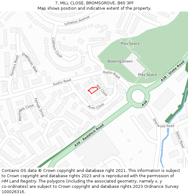 7, MILL CLOSE, BROMSGROVE, B60 3PF: Location map and indicative extent of plot