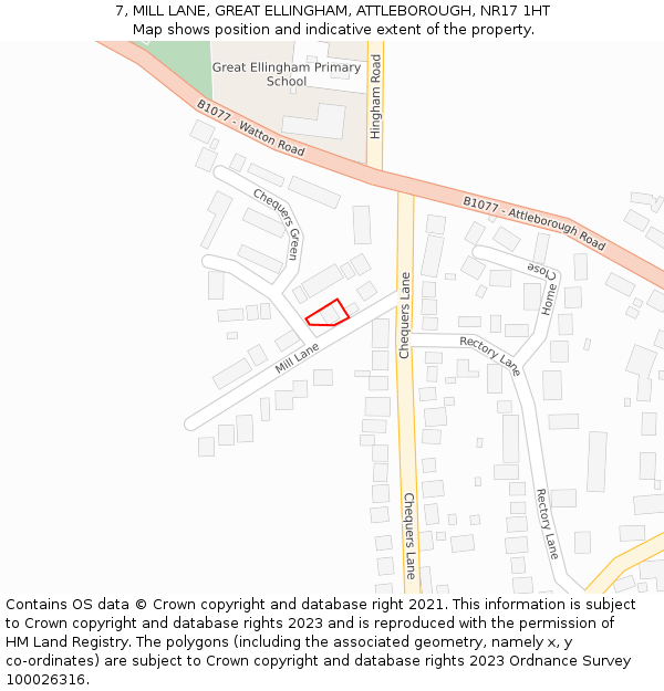 7, MILL LANE, GREAT ELLINGHAM, ATTLEBOROUGH, NR17 1HT: Location map and indicative extent of plot