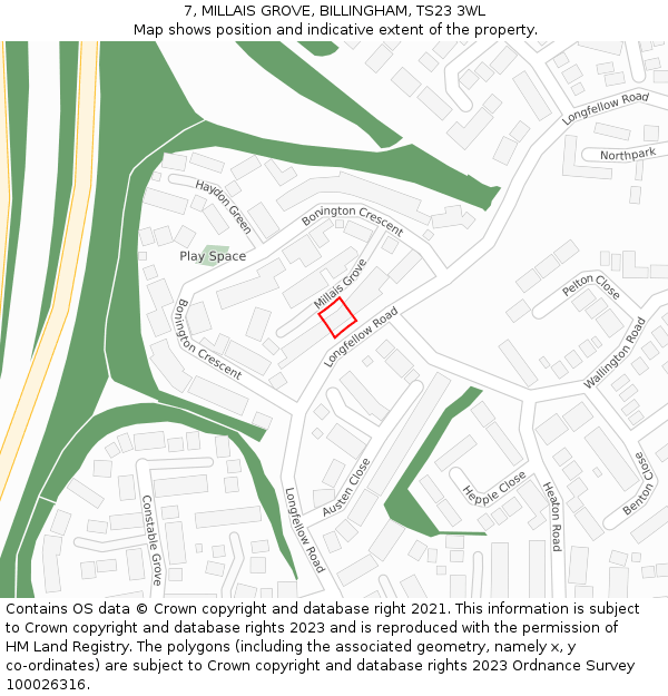 7, MILLAIS GROVE, BILLINGHAM, TS23 3WL: Location map and indicative extent of plot