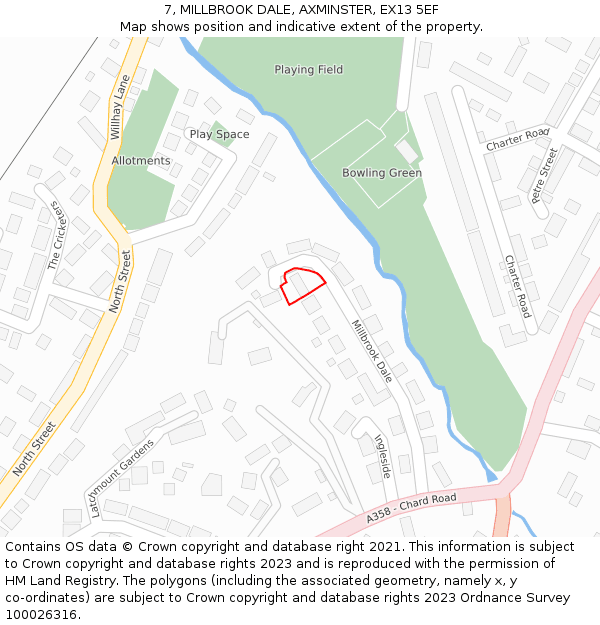 7, MILLBROOK DALE, AXMINSTER, EX13 5EF: Location map and indicative extent of plot