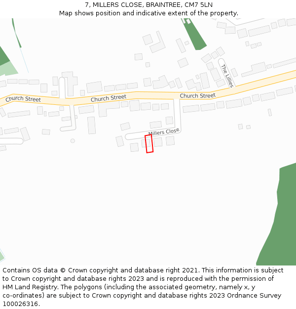 7, MILLERS CLOSE, BRAINTREE, CM7 5LN: Location map and indicative extent of plot