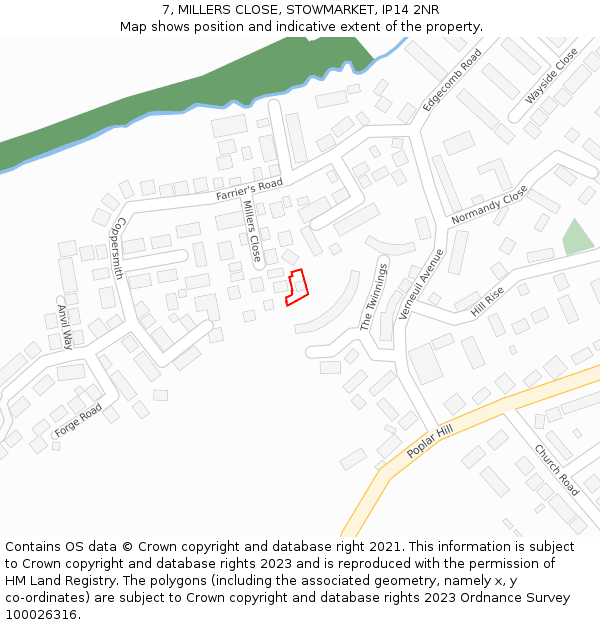 7, MILLERS CLOSE, STOWMARKET, IP14 2NR: Location map and indicative extent of plot