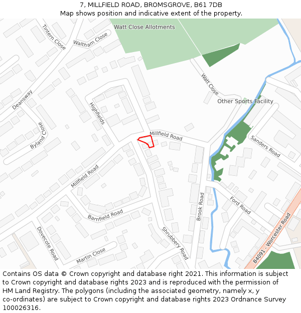7, MILLFIELD ROAD, BROMSGROVE, B61 7DB: Location map and indicative extent of plot
