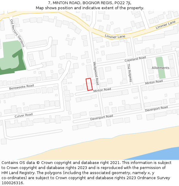 7, MINTON ROAD, BOGNOR REGIS, PO22 7JL: Location map and indicative extent of plot