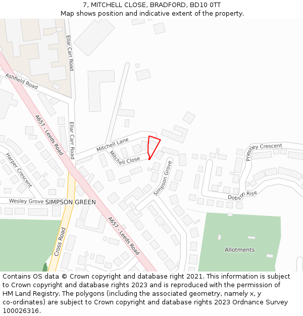 7, MITCHELL CLOSE, BRADFORD, BD10 0TT: Location map and indicative extent of plot