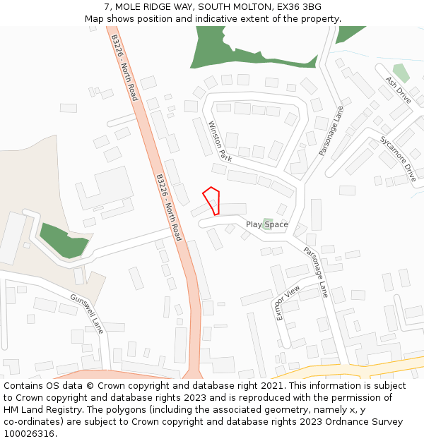 7, MOLE RIDGE WAY, SOUTH MOLTON, EX36 3BG: Location map and indicative extent of plot