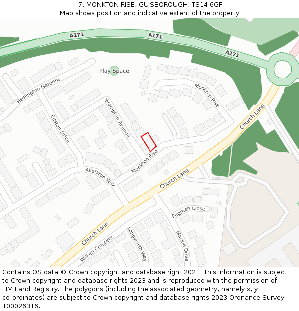 7, MONKTON RISE, GUISBOROUGH, TS14 6GF: Location map and indicative extent of plot