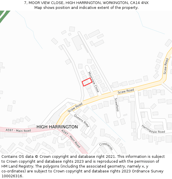 7, MOOR VIEW CLOSE, HIGH HARRINGTON, WORKINGTON, CA14 4NX: Location map and indicative extent of plot