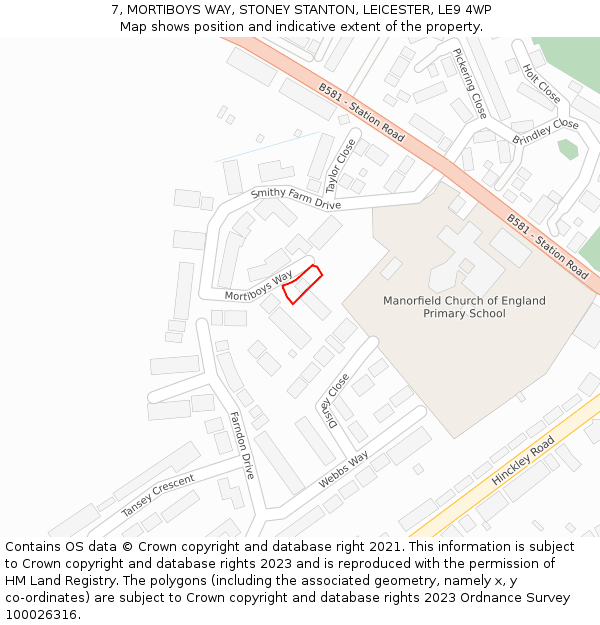 7, MORTIBOYS WAY, STONEY STANTON, LEICESTER, LE9 4WP: Location map and indicative extent of plot