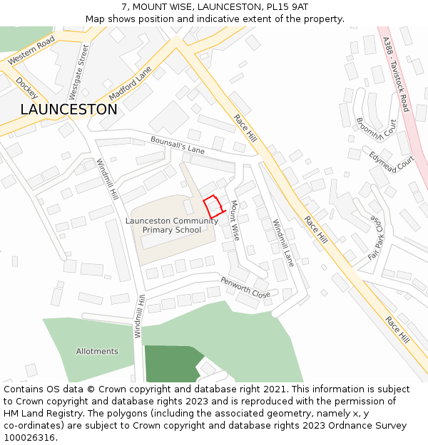 7, MOUNT WISE, LAUNCESTON, PL15 9AT: Location map and indicative extent of plot