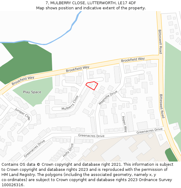 7, MULBERRY CLOSE, LUTTERWORTH, LE17 4DF: Location map and indicative extent of plot