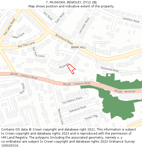 7, MUSKOKA, BEWDLEY, DY12 2BJ: Location map and indicative extent of plot