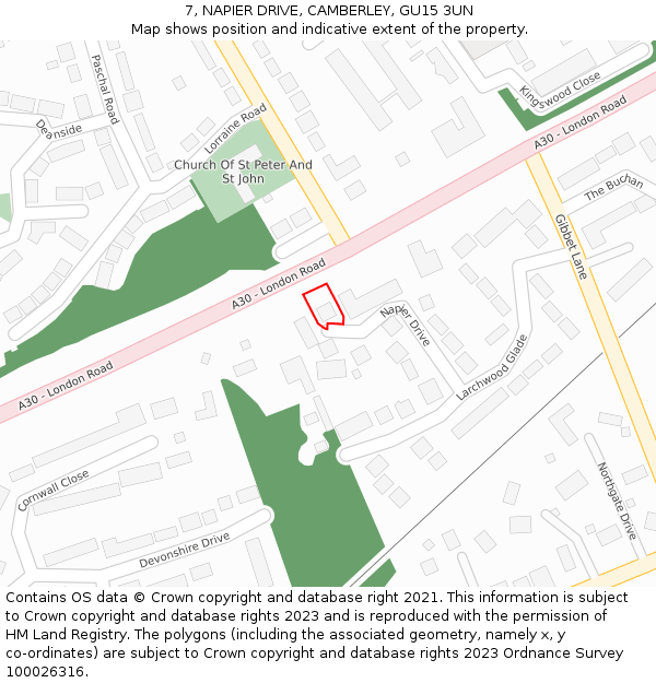 7, NAPIER DRIVE, CAMBERLEY, GU15 3UN: Location map and indicative extent of plot