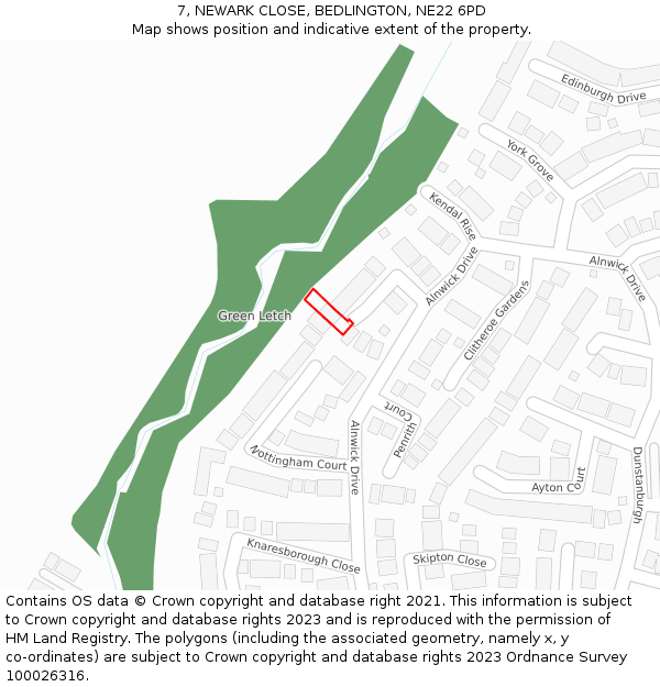 7, NEWARK CLOSE, BEDLINGTON, NE22 6PD: Location map and indicative extent of plot