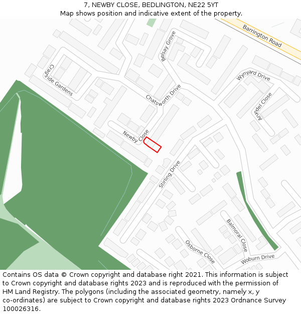 7, NEWBY CLOSE, BEDLINGTON, NE22 5YT: Location map and indicative extent of plot