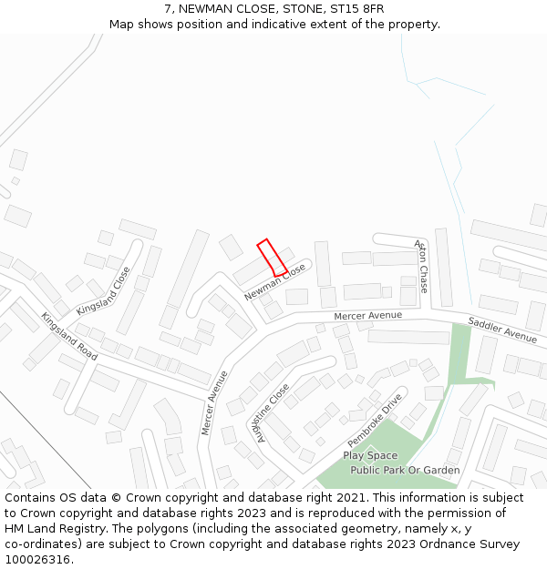 7, NEWMAN CLOSE, STONE, ST15 8FR: Location map and indicative extent of plot