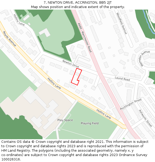 7, NEWTON DRIVE, ACCRINGTON, BB5 2JT: Location map and indicative extent of plot