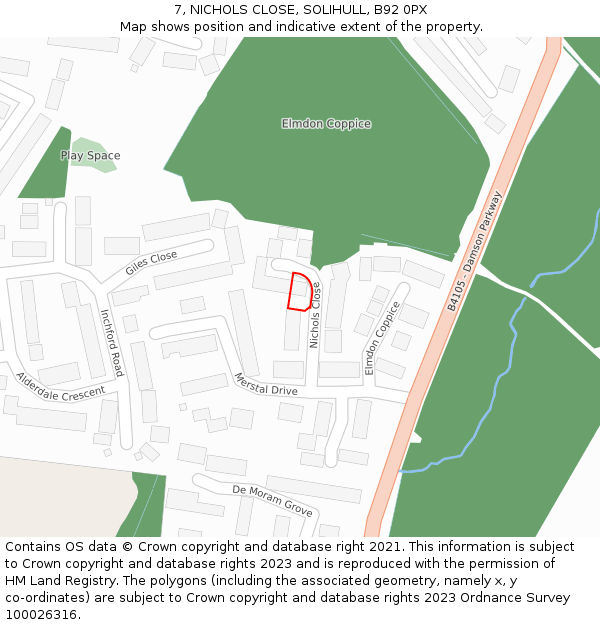 7, NICHOLS CLOSE, SOLIHULL, B92 0PX: Location map and indicative extent of plot