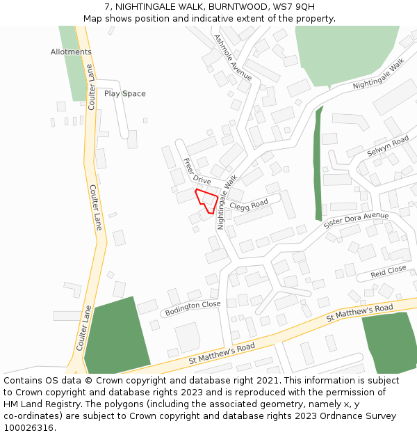 7, NIGHTINGALE WALK, BURNTWOOD, WS7 9QH: Location map and indicative extent of plot
