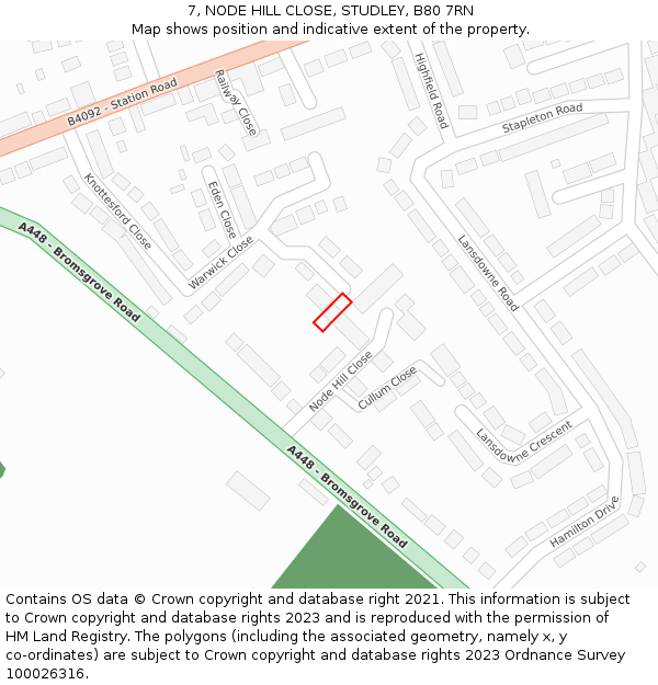 7, NODE HILL CLOSE, STUDLEY, B80 7RN: Location map and indicative extent of plot