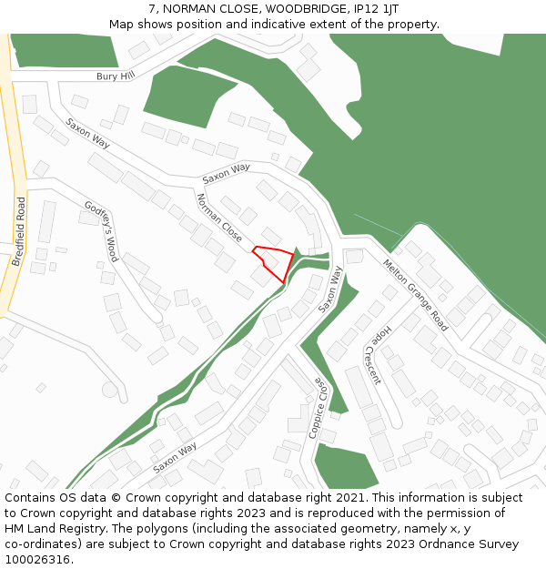 7, NORMAN CLOSE, WOODBRIDGE, IP12 1JT: Location map and indicative extent of plot