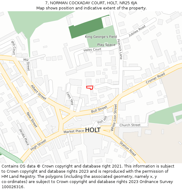 7, NORMAN COCKADAY COURT, HOLT, NR25 6JA: Location map and indicative extent of plot