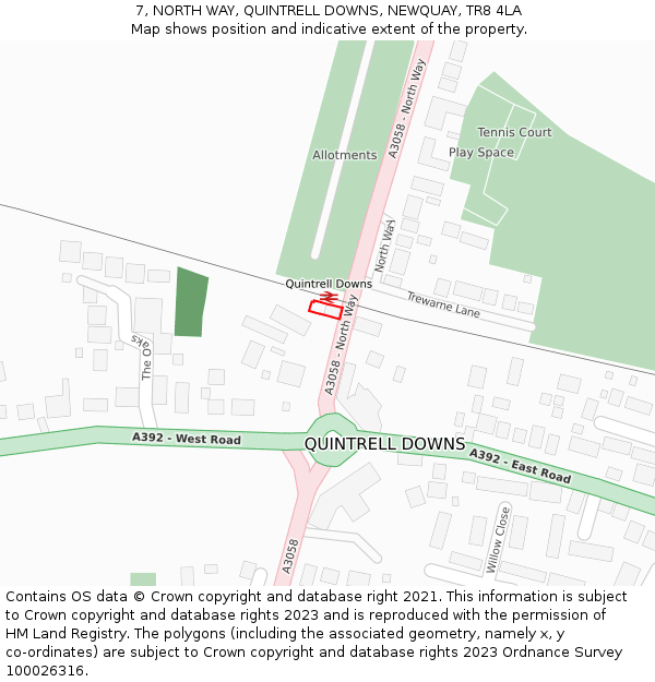 7, NORTH WAY, QUINTRELL DOWNS, NEWQUAY, TR8 4LA: Location map and indicative extent of plot