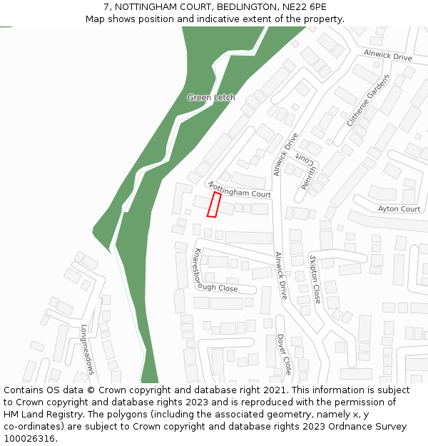 7, NOTTINGHAM COURT, BEDLINGTON, NE22 6PE: Location map and indicative extent of plot