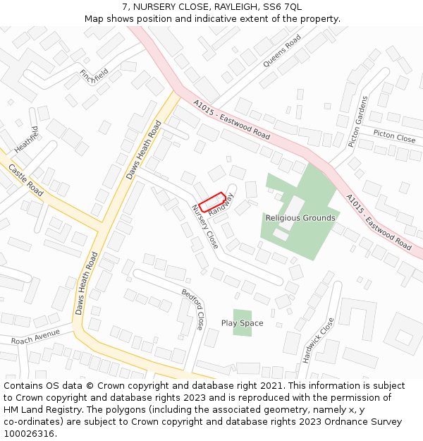 7, NURSERY CLOSE, RAYLEIGH, SS6 7QL: Location map and indicative extent of plot
