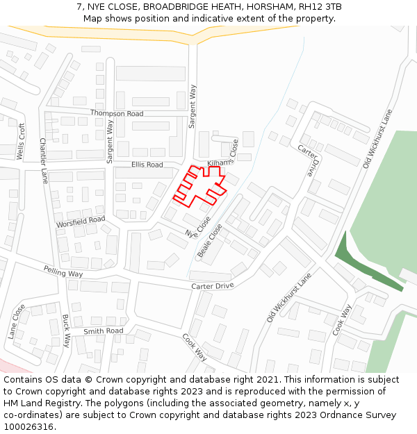7, NYE CLOSE, BROADBRIDGE HEATH, HORSHAM, RH12 3TB: Location map and indicative extent of plot