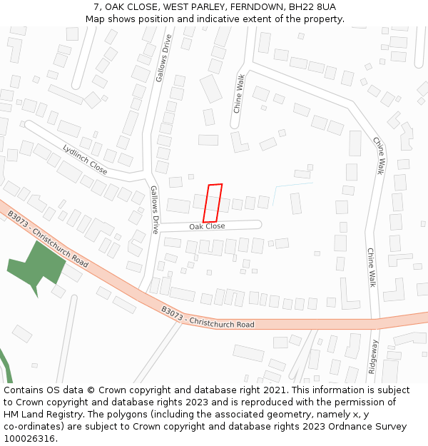 7, OAK CLOSE, WEST PARLEY, FERNDOWN, BH22 8UA: Location map and indicative extent of plot