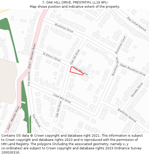 7, OAK HILL DRIVE, PRESTATYN, LL19 9PU: Location map and indicative extent of plot