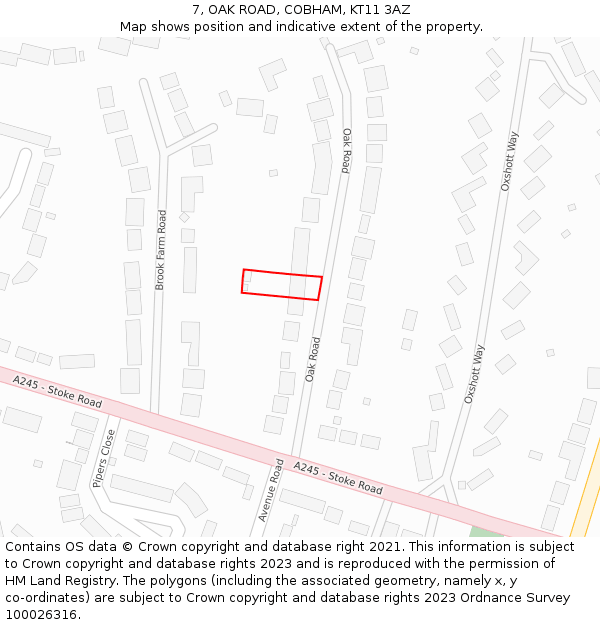 7, OAK ROAD, COBHAM, KT11 3AZ: Location map and indicative extent of plot