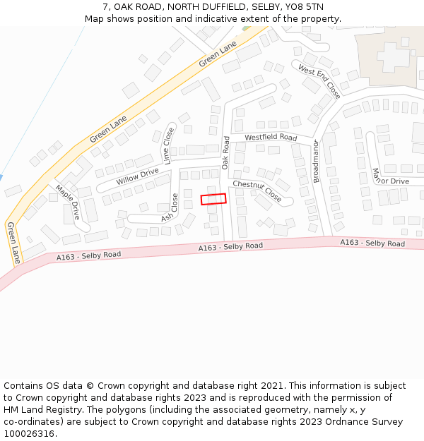 7, OAK ROAD, NORTH DUFFIELD, SELBY, YO8 5TN: Location map and indicative extent of plot