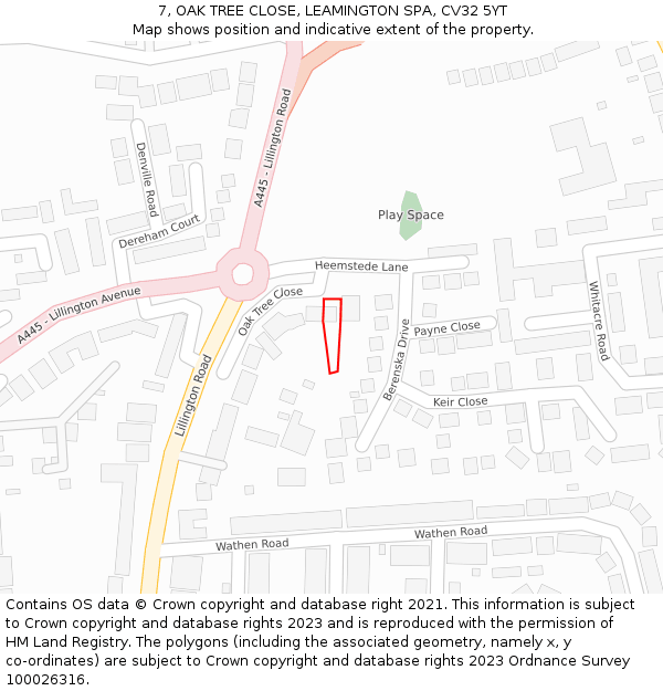 7, OAK TREE CLOSE, LEAMINGTON SPA, CV32 5YT: Location map and indicative extent of plot