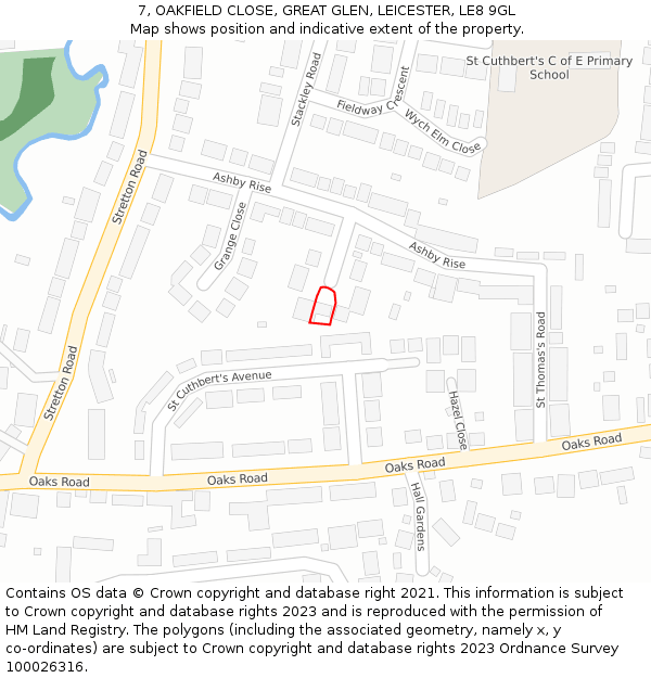 7, OAKFIELD CLOSE, GREAT GLEN, LEICESTER, LE8 9GL: Location map and indicative extent of plot