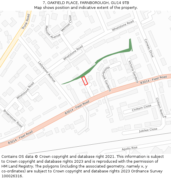 7, OAKFIELD PLACE, FARNBOROUGH, GU14 9TB: Location map and indicative extent of plot