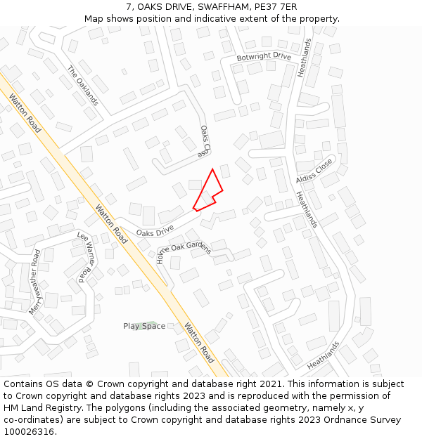 7, OAKS DRIVE, SWAFFHAM, PE37 7ER: Location map and indicative extent of plot