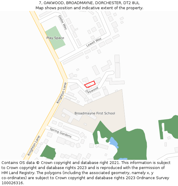 7, OAKWOOD, BROADMAYNE, DORCHESTER, DT2 8UL: Location map and indicative extent of plot