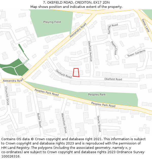 7, OKEFIELD ROAD, CREDITON, EX17 2DN: Location map and indicative extent of plot