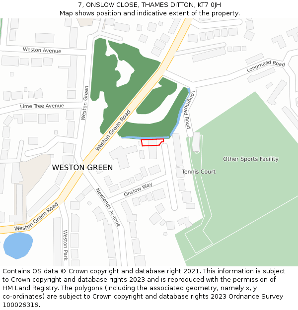 7, ONSLOW CLOSE, THAMES DITTON, KT7 0JH: Location map and indicative extent of plot