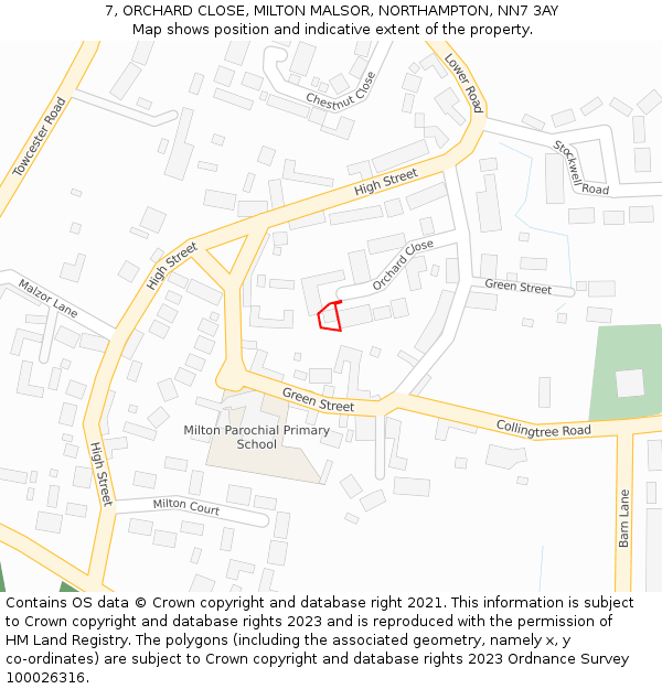7, ORCHARD CLOSE, MILTON MALSOR, NORTHAMPTON, NN7 3AY: Location map and indicative extent of plot