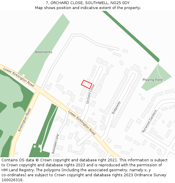 7, ORCHARD CLOSE, SOUTHWELL, NG25 0DY: Location map and indicative extent of plot