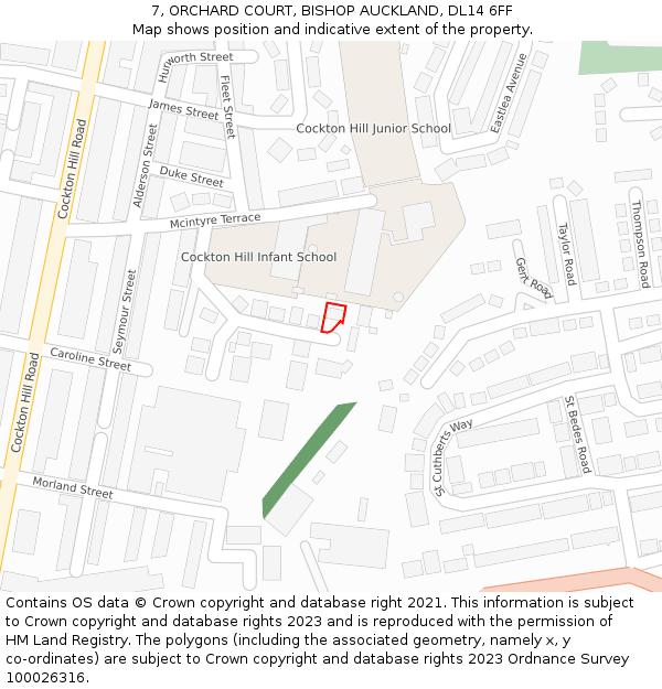 7, ORCHARD COURT, BISHOP AUCKLAND, DL14 6FF: Location map and indicative extent of plot